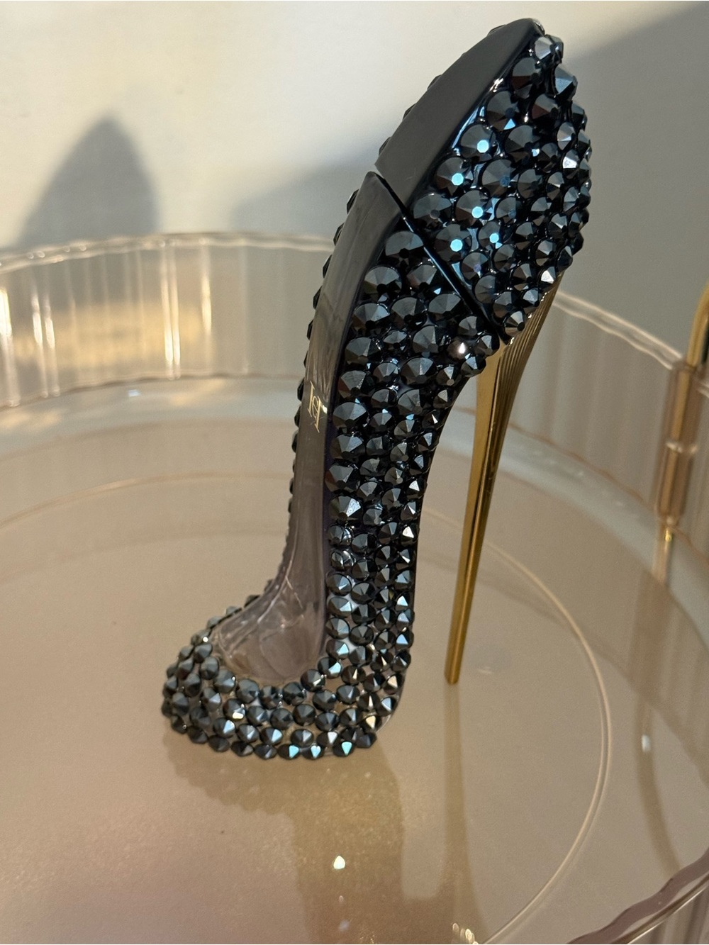 Carolina Herrera Black Crystal-Studded Stiletto with Gold Heel- empty bottle